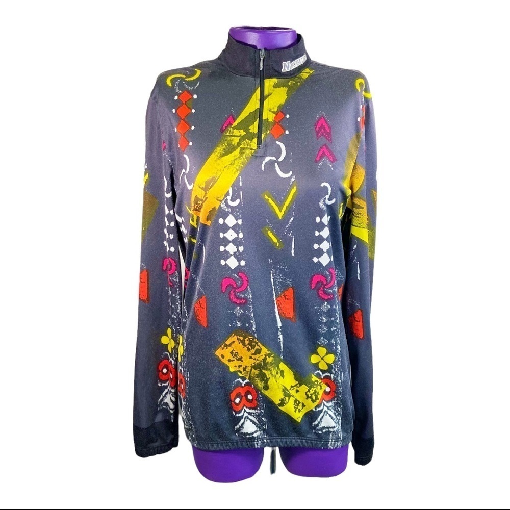 Nakamura grey yellow abstract quarter zip mock neck cycling top 35” bust